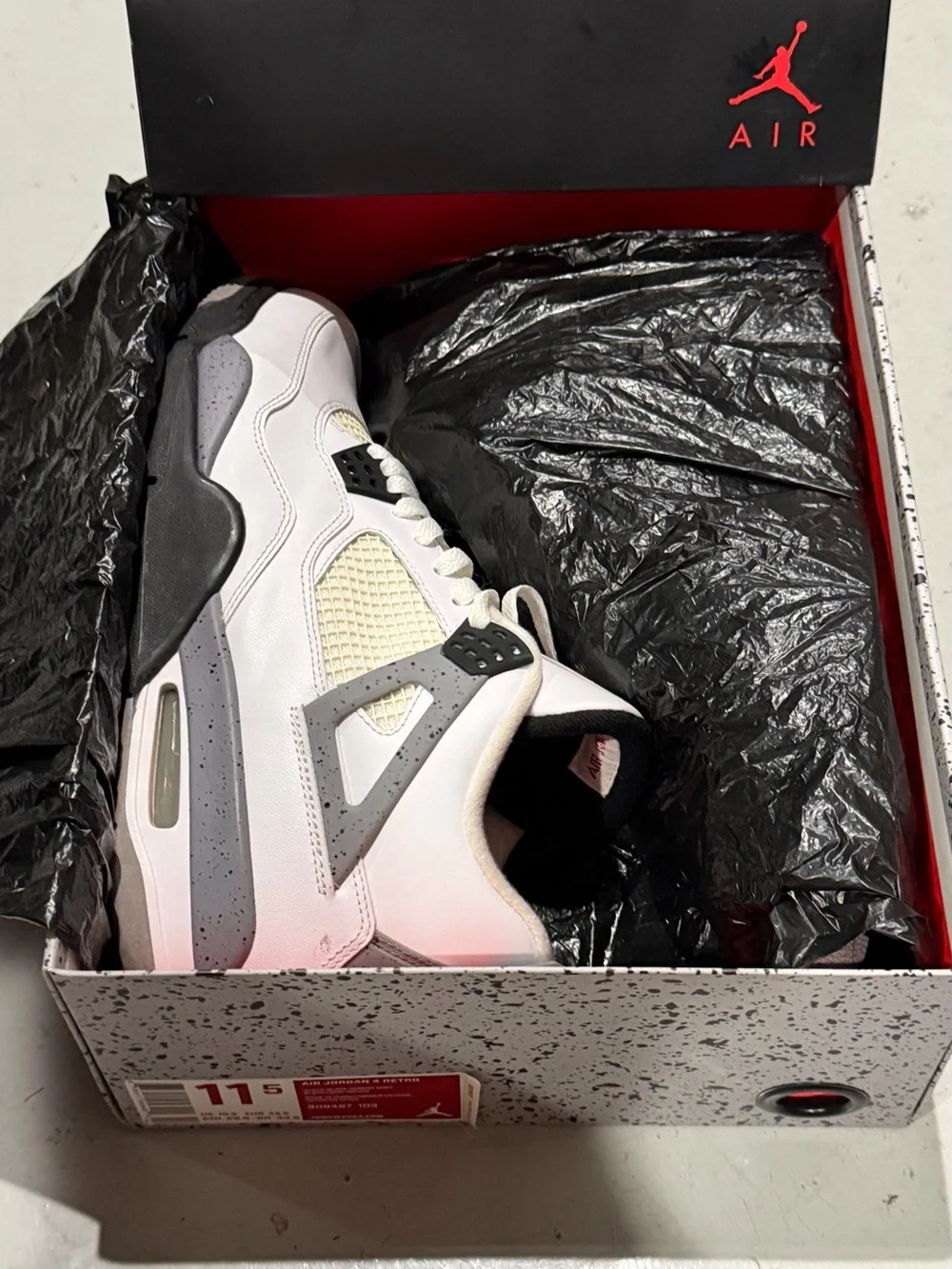 Jordan Men’s White/ Cement Gray/Black Retro 4 Sneakers with Red Jumpman